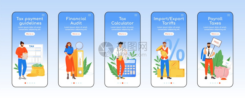 使用移动应程序屏幕平板矢量模的移动应用屏幕板上的税收和付款政策税收和支付通过带有字符的网页步骤uxig智能手机卡通界面立案指纹集图片