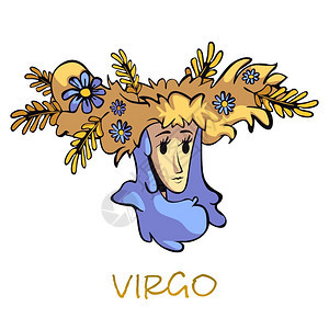 Virgozdiac代表平面卡通矢量插图身着花圈特征的妇女星座象符号特征农业神话女孤立的手画物品图片