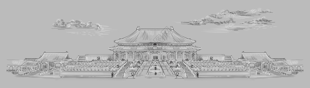 论坛部部禁城宫殿建筑群部的地标手工绘制的矢量素描图以灰色背景上