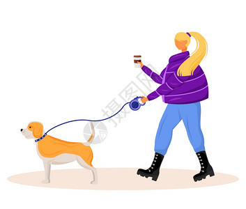 有咖啡的causin女孩有酒和宠物的女士有狗皮带周末漫步孤立的画插图图片