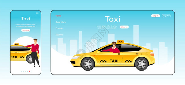 黄色出租车汽车订单服务主页布局卡通字符设计图片