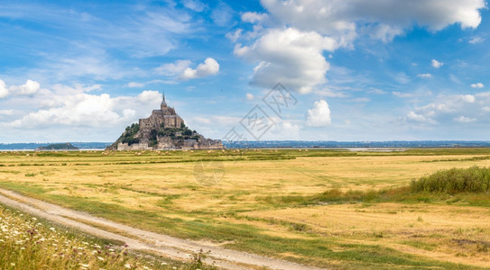 在美丽的夏日里蒙圣密歇尔修道院的全景图片