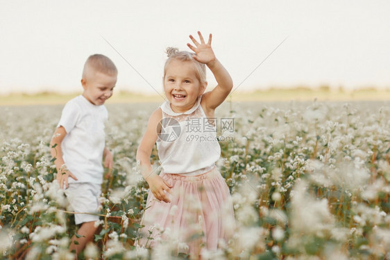 快乐的孩子们在开花场玩乐快的童年图片