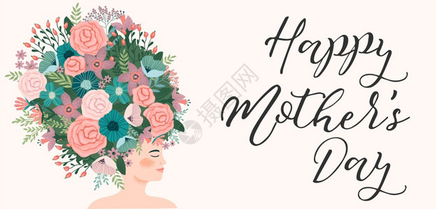 快乐的母亲日用妇女和鲜花绘制矢量图卡片海报横幅和其他用途的设计要素用妇女和鲜花绘制矢量图图片