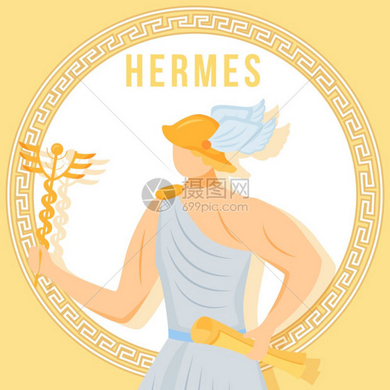 herms黄色社交媒体后模型古老的希腊神话人物网络标语设计模板社交媒体助推器内容布局海报带有平面插图的打印卡图片