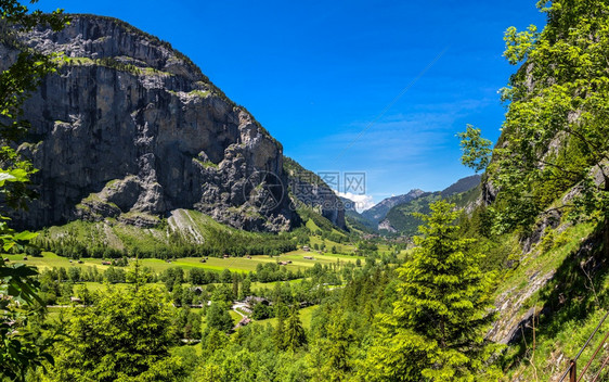 在美丽的夏日中劳特布伦南谷地的全景图片