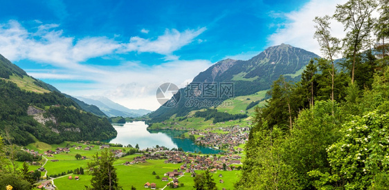 在一个美丽的夏日里整个村落的全景瑞士图片