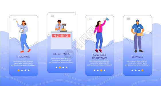 跟踪服务银行和汇款带平板字符的徒步走过网站骤uxig智能手机卡通界面概念挂在移动应用程序屏幕矢量模板上的邮局图片