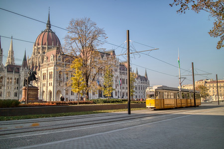 城市景色平坦并使用rakocziferncqurtian雕像并移动黄色电车在budapest宿醉图片