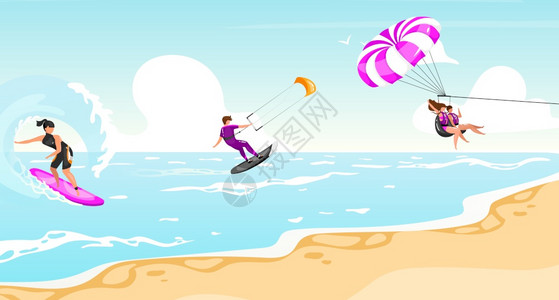 冲浪男人热带海岸线冲浪帆船运动划水插画