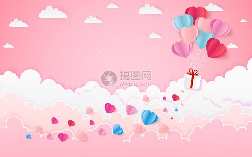 热空气心球阳光和乡下粉红天空如爱情人节快乐婚礼和纸面艺术概念图片