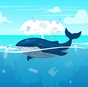 在被垃圾污染的海水里生活的鲸鱼卡通矢量插画图片