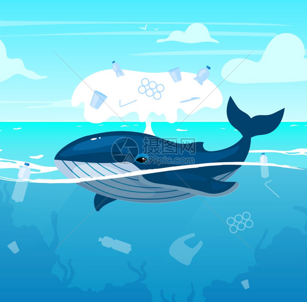 在被垃圾污染的海水里生活的鲸鱼卡通矢量插画图片