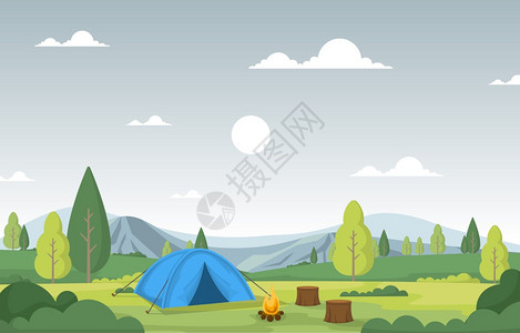 露营探险户外公园山地自然景观漫画插图背景图片