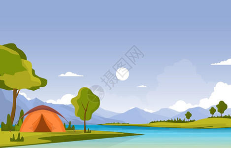 露营冒险户外天公园河流自然景观漫画插图图片
