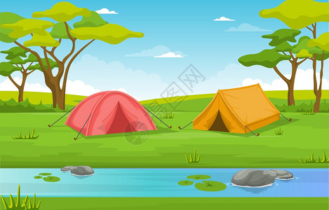 露营冒险户外天公园河流自然景观漫画插图图片