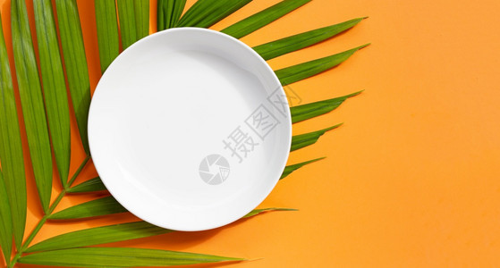橙色背景的热带棕榈叶上空白陶瓷板图片