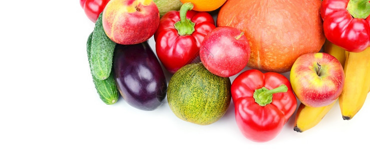 在白色背景上隔离的水果和蔬菜种类健康食品宽幅照片免费文本空间图片