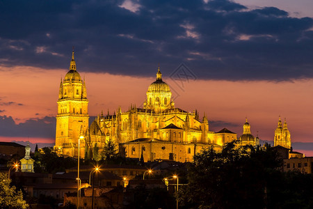 在萨拉曼卡的大教堂在美丽的夏夜西班牙图片