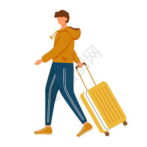行李的男子旅行假日带李的男参加运动服装的年轻游客带着手提箱走白色