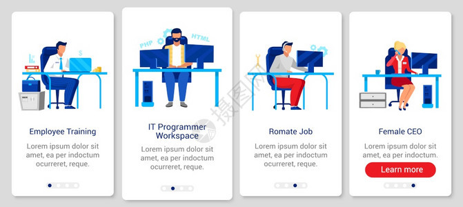 上载移动应用程序屏幕矢量模板的公司生活方式通过带有平板字符的网站步骤uxig智能手机卡通界面概念雇员培训远程工作图片