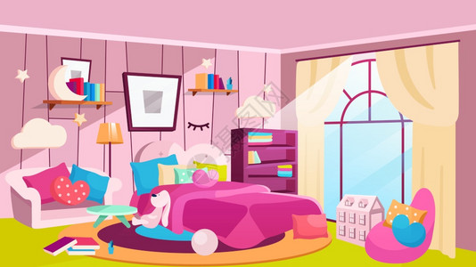 日间公寓式矢量插图上的女孩卧室宽敞的房间有床书架墙上的照片室内有粉色沙发扶椅毯子的女房装饰云形灯图片