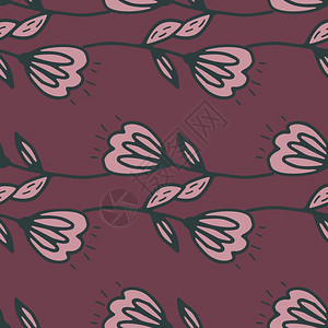 粉红色花朵水平定位于无缝模式紫色背景用于织物纺包装纸壁矢量图示水平定位于无缝模式的粉红色花朵水平定位于无缝模式紫色背景图片