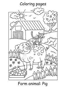 带微笑的猪和猫漫画轮廓插图用于学龄前教育儿童图片