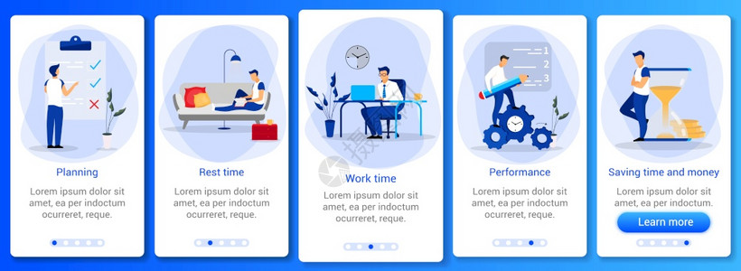 使用移动应程序屏幕模板的时间管理白天规划和日程安排工作流组织带有平板字符的漫步式网站骤uxig智能手机卡通界面图片