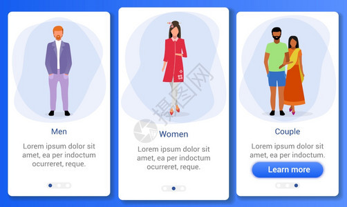 使用移动应程序屏幕模板的成年人口别比例印度人爱尔兰日本多国男子妇女夫带有平面字符的网页步骤uxig智能手机界面图片