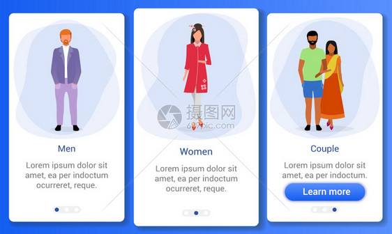 使用移动应程序屏幕模板的成年人口别比例印度人爱尔兰日本多国男子妇女夫带有平面字符的网页步骤uxig智能手机界面图片