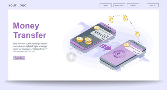 具有等量图解的全球资金转移网页矢量模板支付系统欧元数字钱包网站界面设计着陆页布局网络横幅页颜色3D概念全球资金转移网页矢量模板带图片