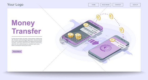 具有等量图解的全球资金转移网页矢量模板支付系统欧元数字钱包网站界面设计着陆页布局网络横幅页颜色3D概念全球资金转移网页矢量模板带图片
