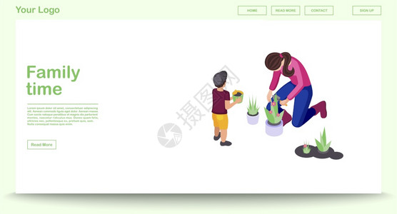 母亲和儿子做园艺工作网站界面设计家庭休闲和娱乐活动3d概念单独剪辑家庭时间网页病媒模板带有等量图图片