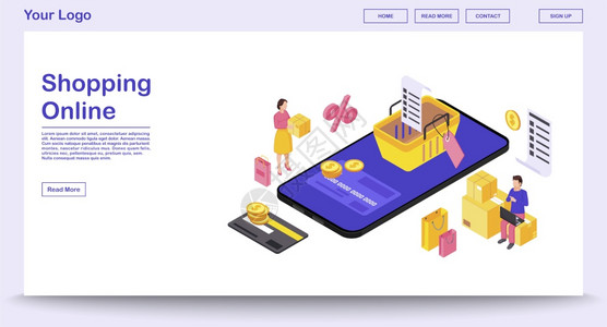 在线移动购物应用程序网页矢量模板带有等图说明网站移动应用程序接口设计电子支付flogy购物智能手机应用程序3d概念图片