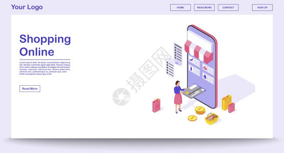 在线购物应用程序网页矢量模板带有等图网站界面设计购物智能手机应用程序3d概念在线支付信息图网页移动应用程序设计图片