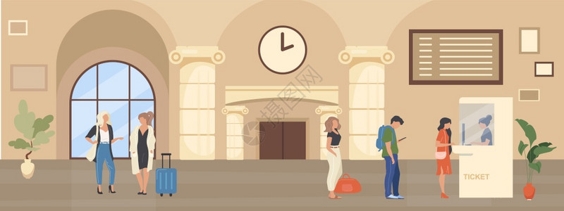 终点站等候购买通勤票预订服务乘客2个带内部背景的卡通人物排队到票