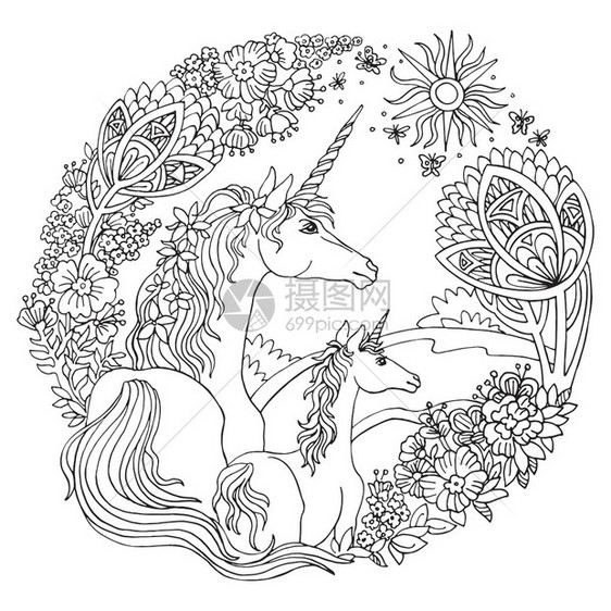 独角兽以花粉树木和朵为颜色以圆形组成antisrefhand草图绘制配有缠绕面条元素用于成人彩色书页贴纸设计和纹身图片
