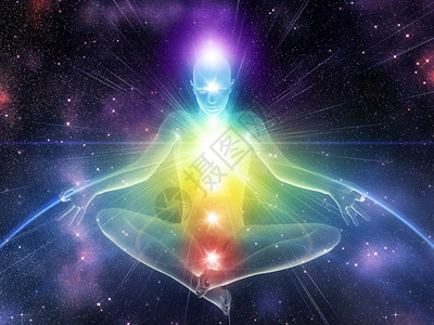 宇宙人3d显示人类在瑜伽姿势上与发光的查克拉斯背景背景