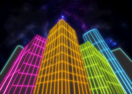 夜幕暗背景的有荧光网格摩天大楼图片