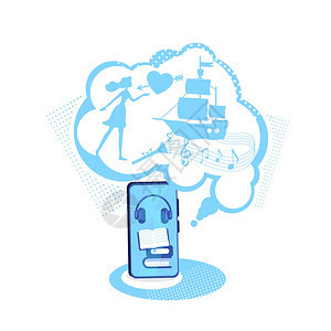 关于浪漫小说公寓概念矢量插图的音频书用移动电话收听讲故事童话网上智能手机2d用于网络设计的卡通对象关于虚构创意思想的电子书浪漫小图片