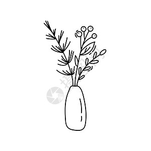 黑白线条瓶中的圣诞植物花束图片素材