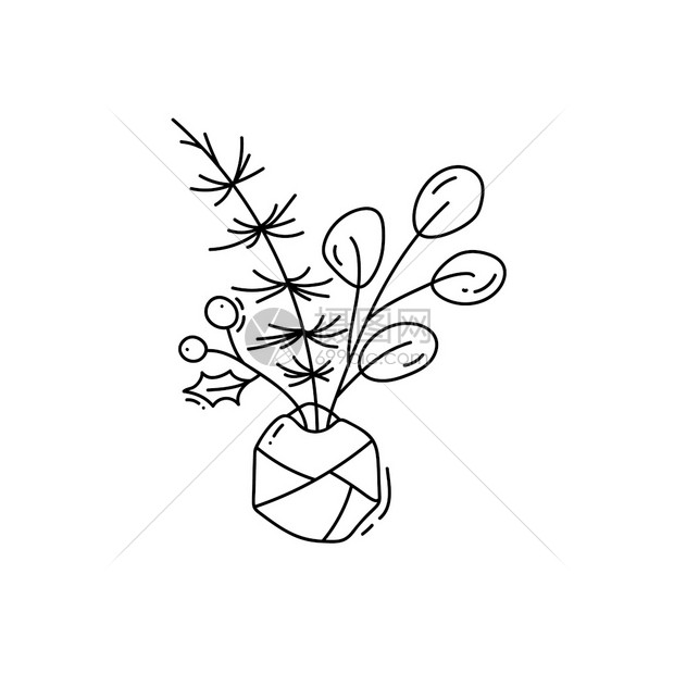 单色线条圣诞植物矢量插图
