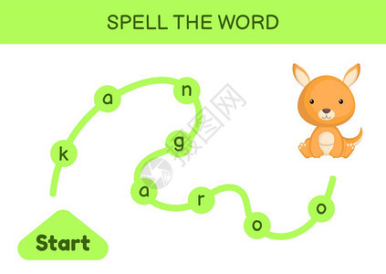 儿童迷宫拼写字游戏模板学习读袋鼠字可打印的工作表学习英语的活动页儿童成长的教育活动矢量说明图片