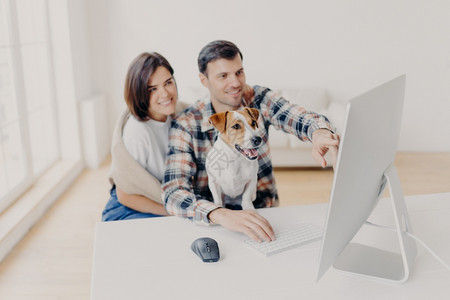 家庭夫妇在最喜爱的网站上购物一起享受时间关注电脑监控的滑稽狗坐在工作的地方关注家畜图片