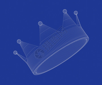 蓝色背景的三维有线框架皇冠模型图片