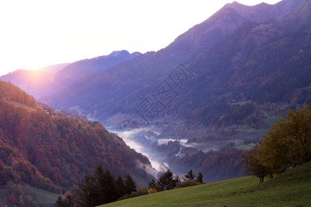 美丽的山谷风景与雾秋天澳洲山图片