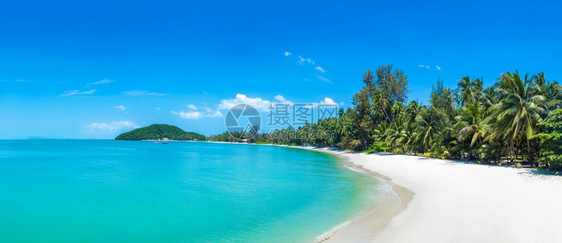 夏日在泰河沿岸的KohSamui岛有棕榈树的热带海滩图片