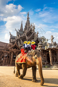 旅游者乘大象绕着真相的圣殿在夏季日间泰国的帕达亚Paty图片
