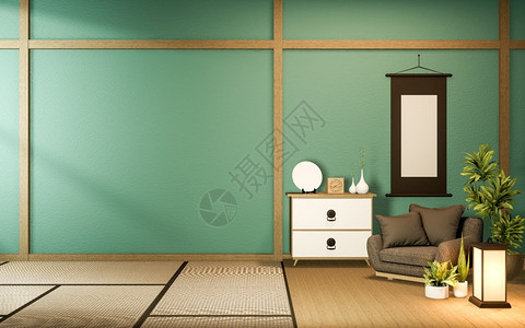 薄荷室塔米地板上的木制设计3d图片